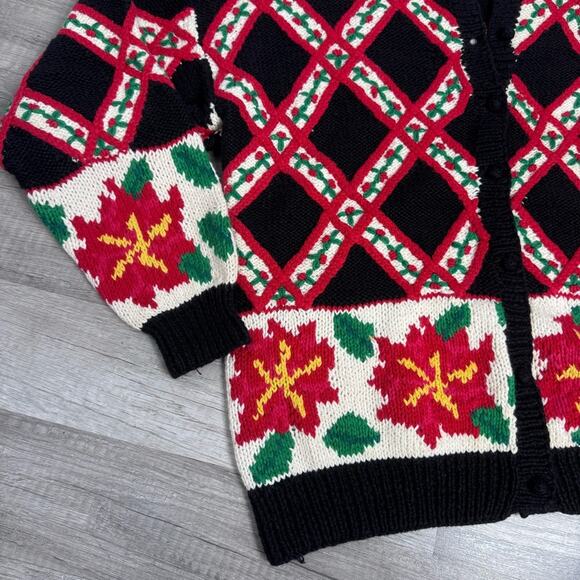 Vintage 90s Hand Knit Cardigan Sweater Christmas Holiday Oversized Small - Picture 8 of 9